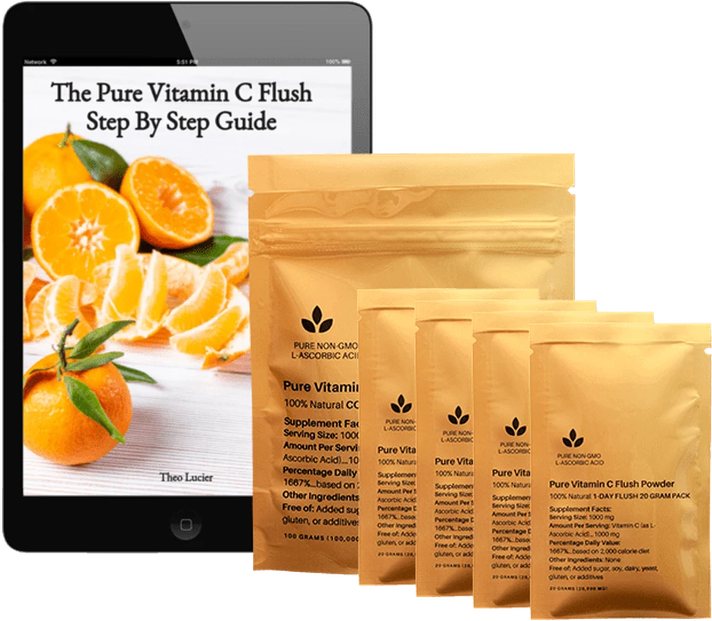Pure Vitamin C Flush Powder pouches and the step-by-step guide on a tablet