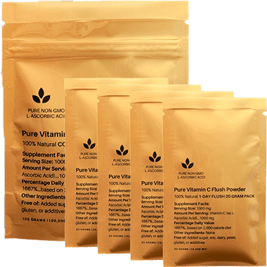 One 100 gram pouch and four 20 gram pouches of Pure Vitamin C Flush Powder